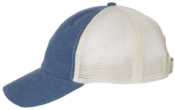An image of a Custom Sportsman Pigment Dyed Trucker Cap in Royal/Stone!