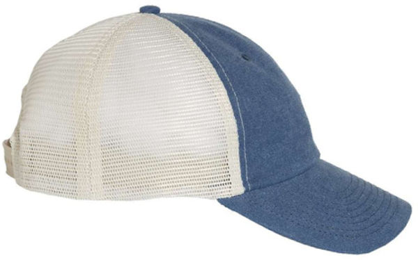 An image of a Custom Sportsman Pigment Dyed Trucker Cap in Royal/Stone!