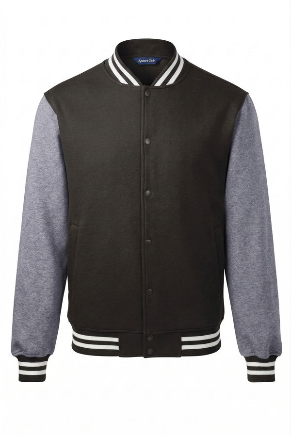 An image of a Custom SportTek Fleece Letterman Jacket in Black/ Vintage Heather!