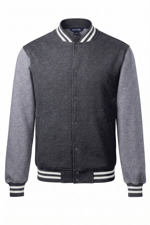 An image of a Custom SportTek Fleece Letterman Jacket in Graphite Heather/ Vintage Heather!