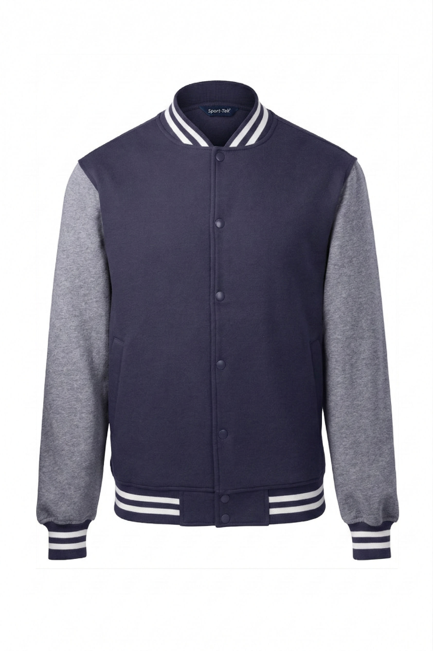 SportTek Fleece Letterman Jacket in True Navy/ Vintage Heather