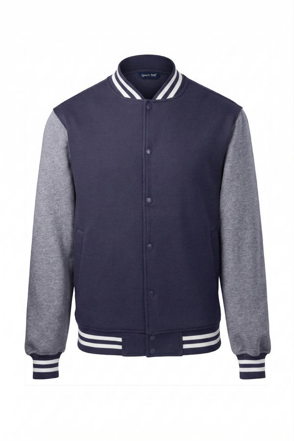 An image of a Custom SportTek Fleece Letterman Jacket in True Navy/ Vintage Heather!