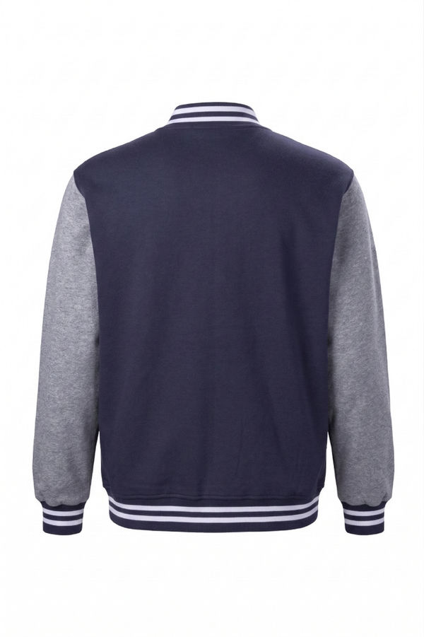 An image of a Custom SportTek Fleece Letterman Jacket in True Navy/ Vintage Heather!