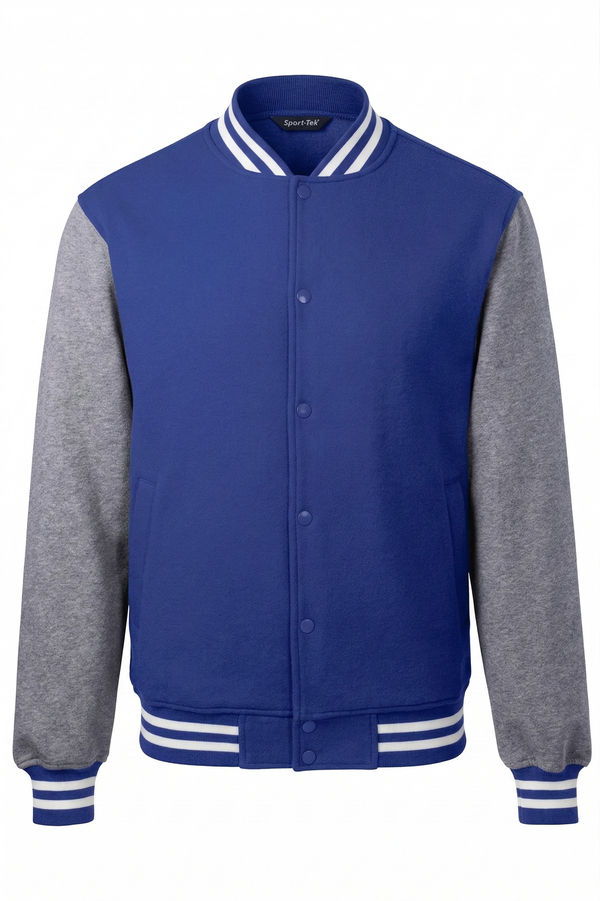 An image of a Custom SportTek Fleece Letterman Jacket in True Royal/ Vintage Heather!