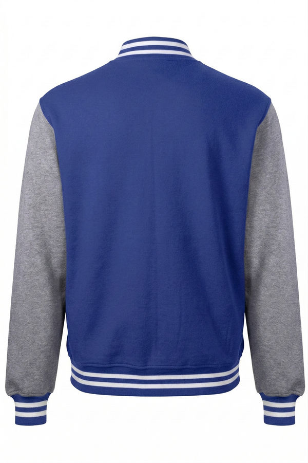 An image of a Custom SportTek Fleece Letterman Jacket in True Royal/ Vintage Heather!