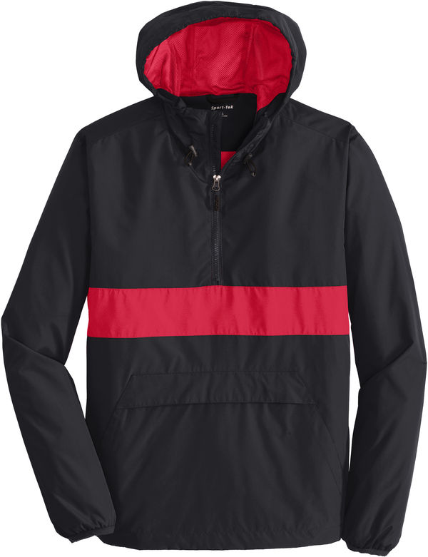 An image of a Custom SportTek Zipped Pocket Anorak in Black/ True Red!