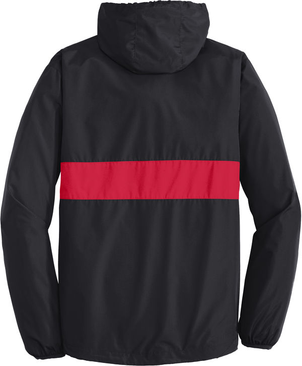 An image of a Custom SportTek Zipped Pocket Anorak in Black/ True Red!