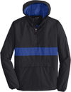 An image of a Custom SportTek Zipped Pocket Anorak in Black/ True Royal!