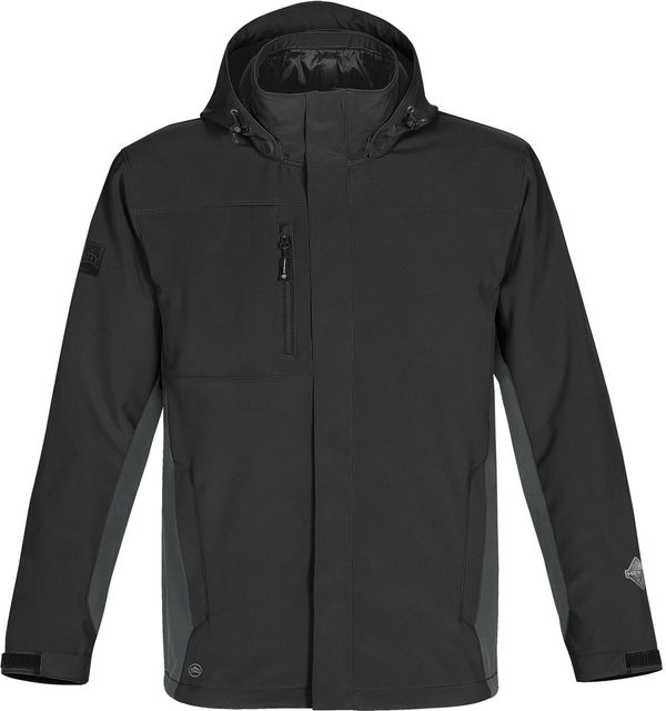 Am image of a Custom Stormtech Mens Atmosphere 3 in 1 System Jacket in BLACK / GRANITE!