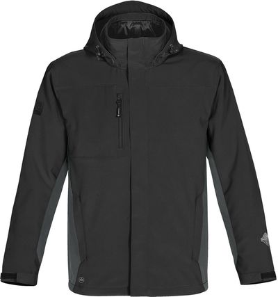 Am image of a Custom Stormtech Mens Atmosphere 3 in 1 System Jacket in BLACK / GRANITE!