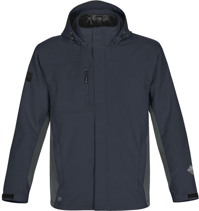 Am image of a Custom Stormtech Mens Atmosphere 3 in 1 System Jacket in NAVY / GRANITE!
