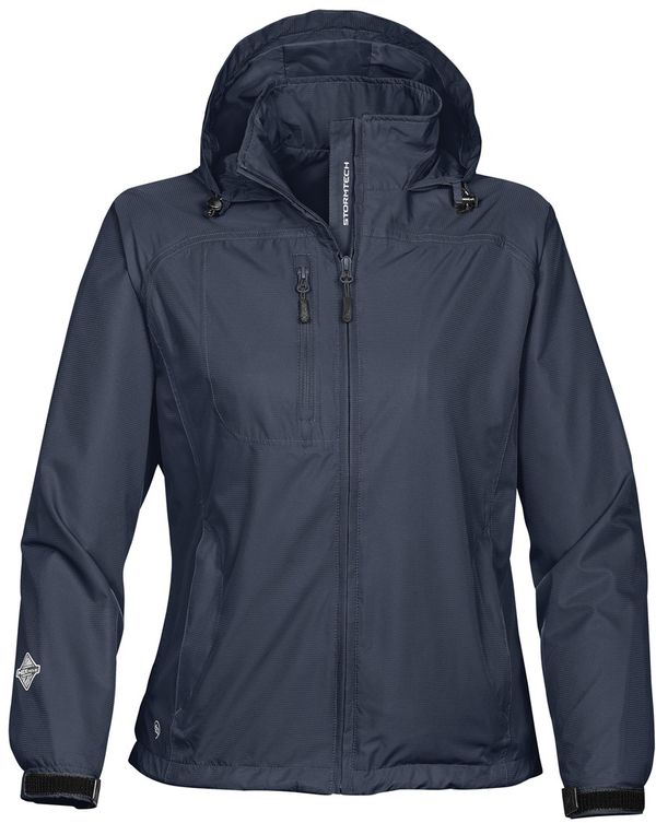 Am image of a Custom Stormtech Womens Stratus Lightweight Shell in NAVY!