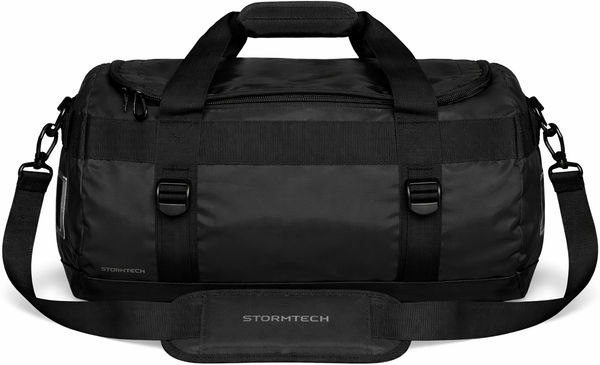 An image of a Custom Stormtech Atlantis Waterproof Gear Bag Small in BLACK / BLACK!