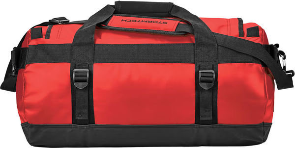 An image of a Custom Stormtech Atlantis Waterproof Gear Bag Small in BOLD RED / BLACK!