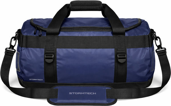An image of a Custom Stormtech Atlantis Waterproof Gear Bag Small in OCEAN BLUE / BLACK!