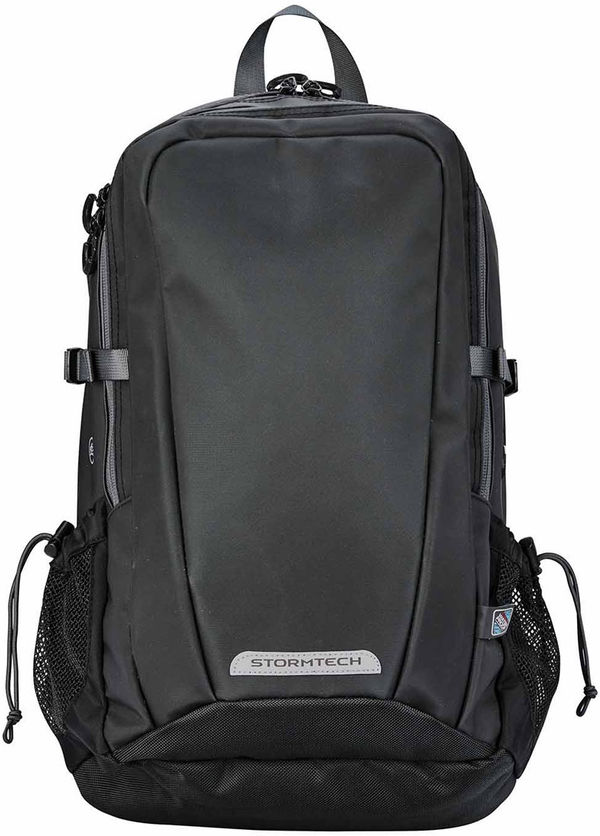 Am image of a Custom Stormtech Deluge Waterproof Backpack in BLACK / GRANITE!