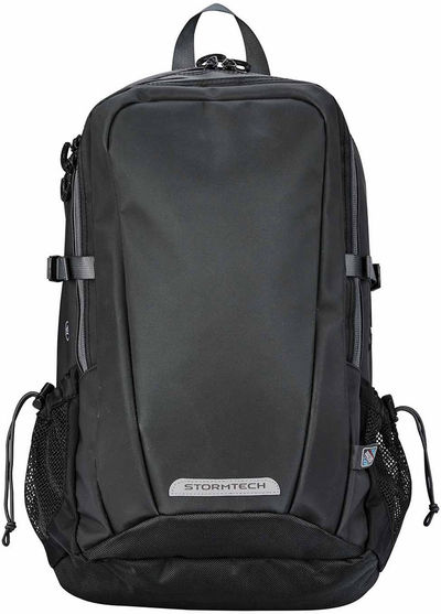 Am image of a Custom Stormtech Deluge Waterproof Backpack in BLACK / GRANITE!