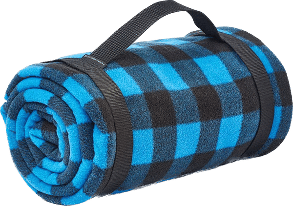 Am image of a Custom Stormtech Klondike Fleece Blanket in Azure Blue/Black!
