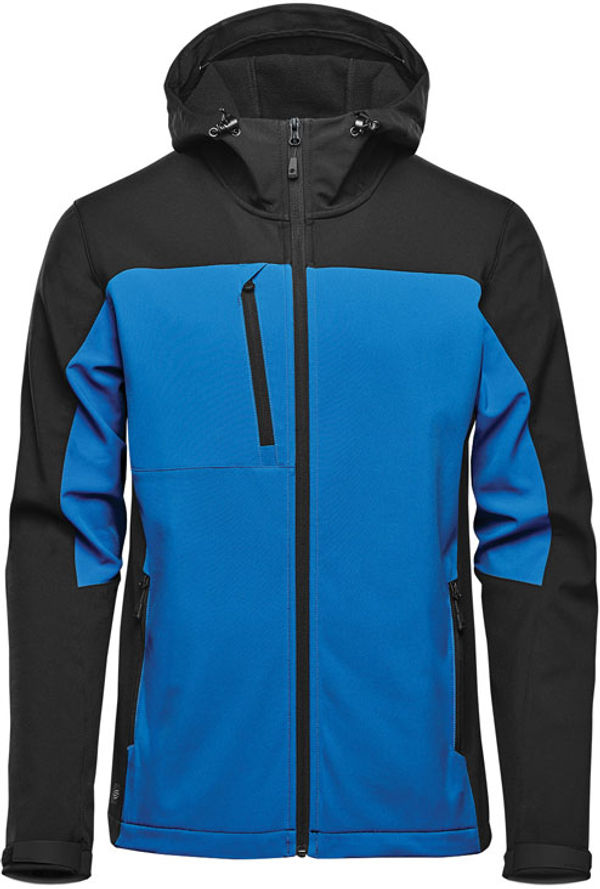 Am image of a Custom Stormtech Mens Cascades Softshell Hoody in Azure blue/Black!