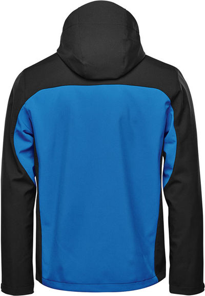 Am image of a Custom Stormtech Mens Cascades Softshell Hoody in Azure blue/Black!