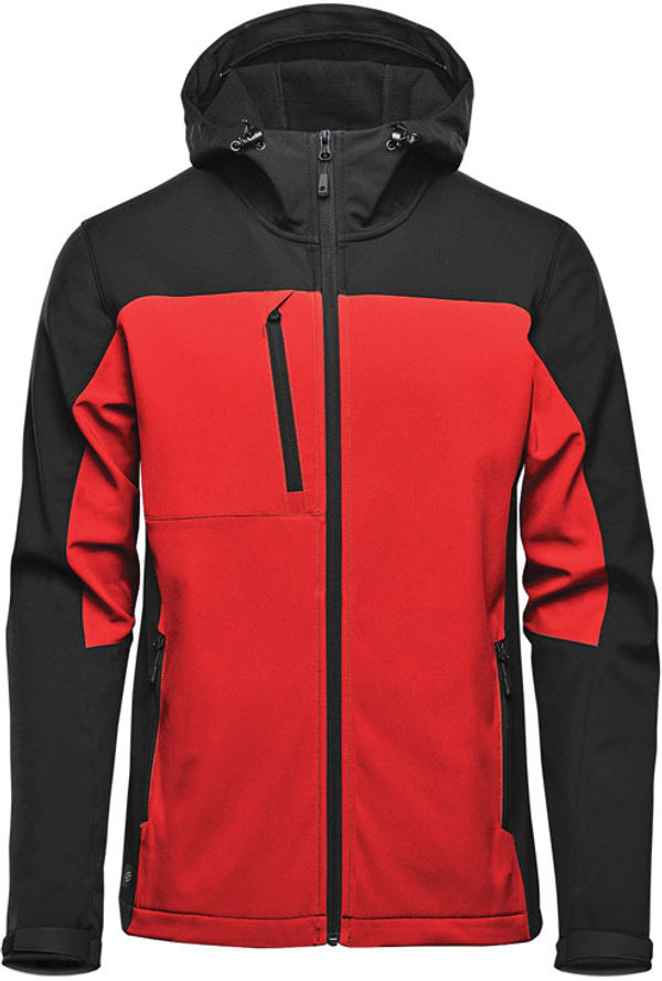 Am image of a Custom Stormtech Mens Cascades Softshell Hoody in Bright Red/ Black!