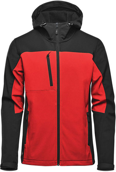 Am image of a Custom Stormtech Mens Cascades Softshell Hoody in Bright Red/ Black!