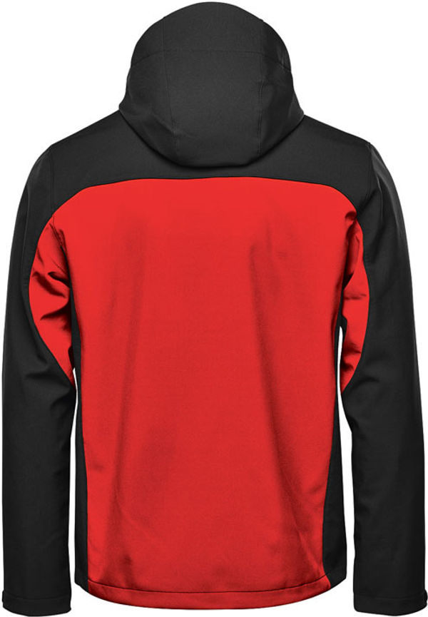 Am image of a Custom Stormtech Mens Cascades Softshell Hoody in Bright Red/ Black!