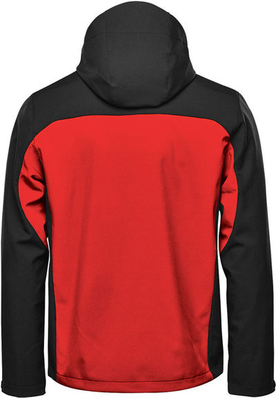 Am image of a Custom Stormtech Mens Cascades Softshell Hoody in Bright Red/ Black!