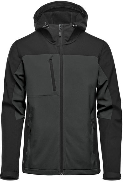 Am image of a Custom Stormtech Mens Cascades Softshell Hoody in Dolphin/Black!