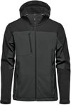 Am image of a Custom Stormtech Mens Cascades Softshell Hoody in Dolphin/Black!