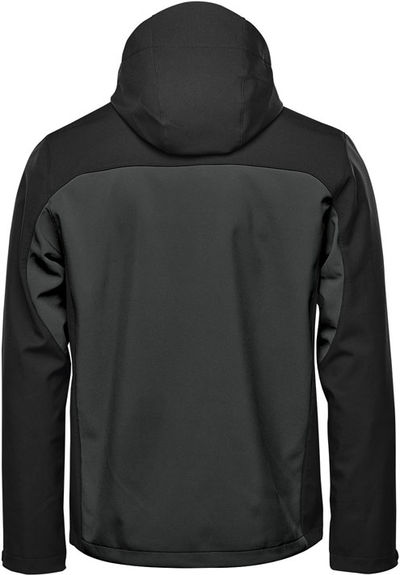 Am image of a Custom Stormtech Mens Cascades Softshell Hoody in Dolphin/Black!