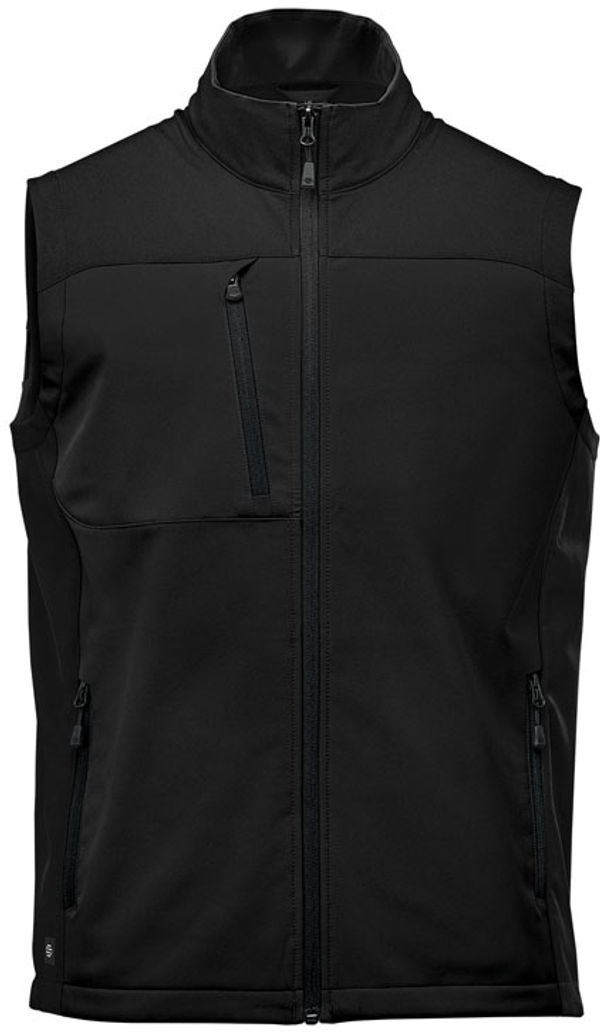 Am image of a Custom Stormtech Mens Cascades Softshell Vest in Black/black!