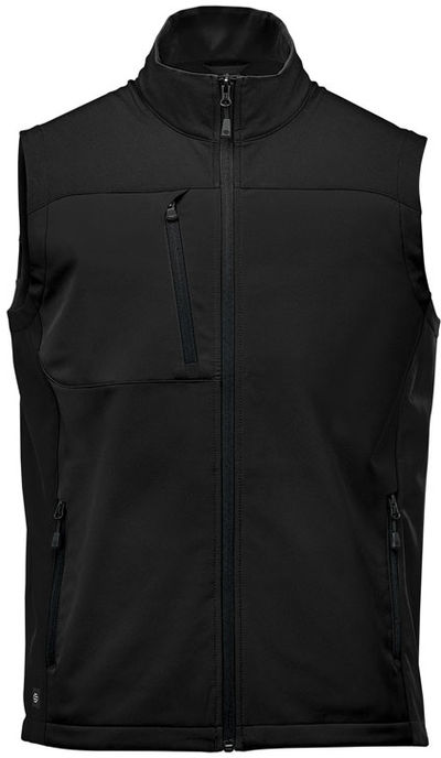 Am image of a Custom Stormtech Mens Cascades Softshell Vest in Black/black!