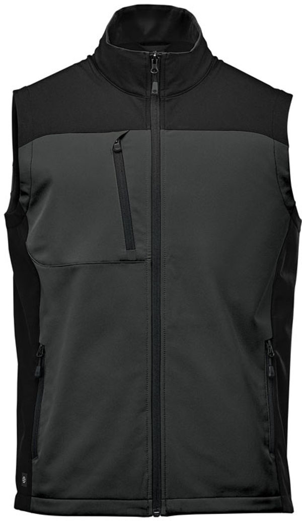 Am image of a Custom Stormtech Mens Cascades Softshell Vest in Dolphin/Black!