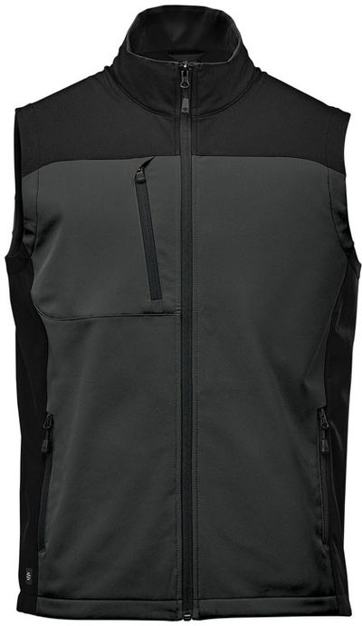 Am image of a Custom Stormtech Mens Cascades Softshell Vest in Dolphin/Black!