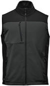 Am image of a Custom Stormtech Mens Cascades Softshell Vest in Dolphin/Black!