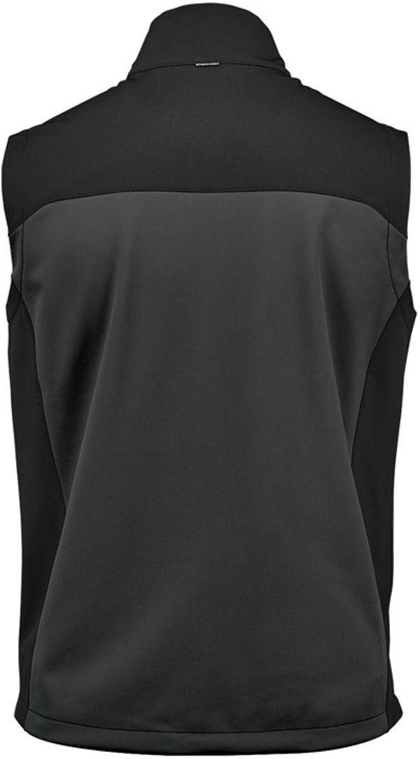 Am image of a Custom Stormtech Mens Cascades Softshell Vest in Dolphin/Black!