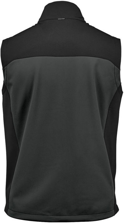Am image of a Custom Stormtech Mens Cascades Softshell Vest in Dolphin/Black!