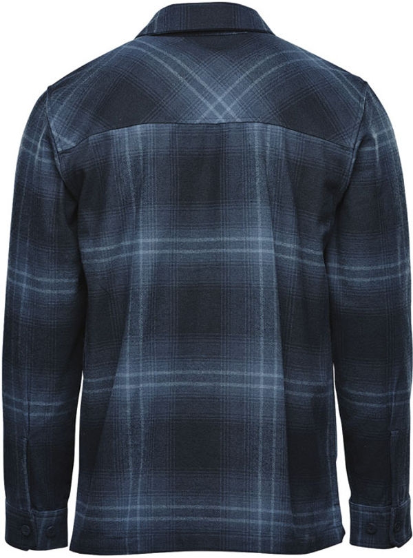 Am image of a Custom Stormtech Mens Highland Plaid Shacket in Midnight/Dusk!