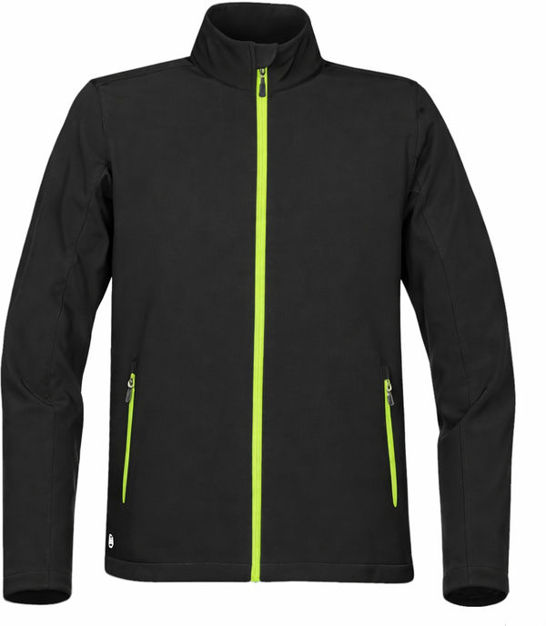 An image of a Custom STORMTECH MENS ORBITER SOFTSHELL in BLACK/ KIWI!