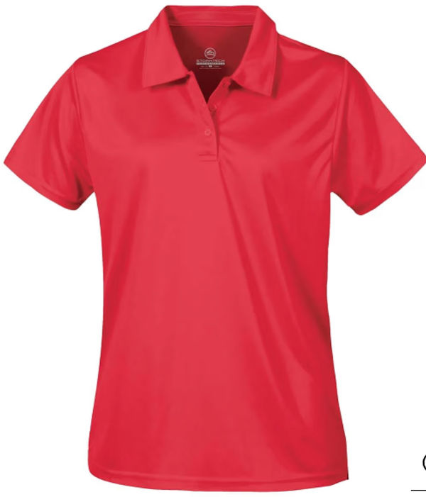 An image of a Custom Stormtech Women's Treeline Performance Short Sleeve Polo in Scarlet Red!