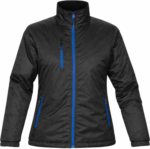 An image of a Custom Stormtech Womens Axis Thermal Jacket in BLACK/ ROYAL!