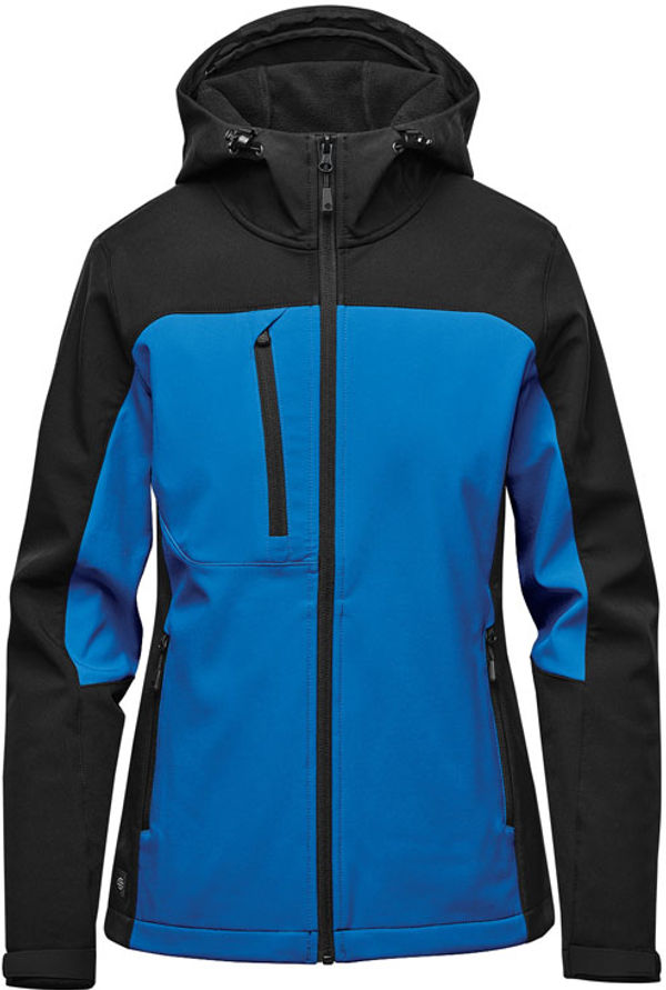 Am image of a Custom Stormtech Womens Cascades Softshell Hoody in Azure Blue/Black!