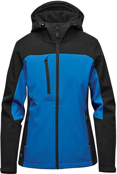 Am image of a Custom Stormtech Womens Cascades Softshell Hoody in Azure Blue/Black!
