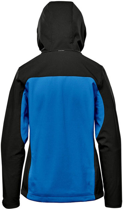 Am image of a Custom Stormtech Womens Cascades Softshell Hoody in Azure Blue/Black!