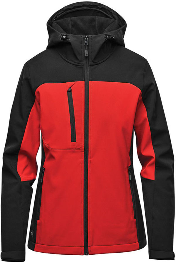 Am image of a Custom Stormtech Womens Cascades Softshell Hoody in Bright Red/ Black!