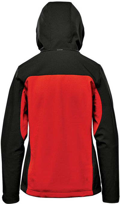 Am image of a Custom Stormtech Womens Cascades Softshell Hoody in Bright Red/ Black!