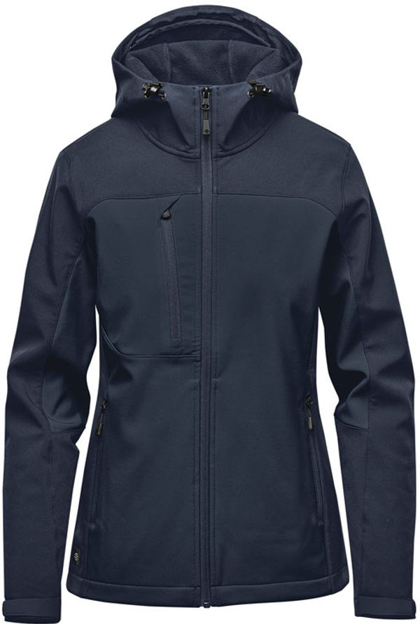 Am image of a Custom Stormtech Womens Cascades Softshell Hoody in Navy/Navy!