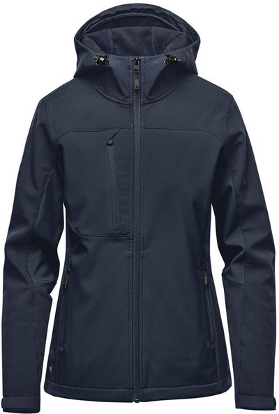 Am image of a Custom Stormtech Womens Cascades Softshell Hoody in Navy/Navy!