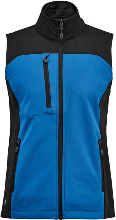 Am image of a Custom Stormtech Womens Cascades Softshell Vest in Azure Blue/Black!